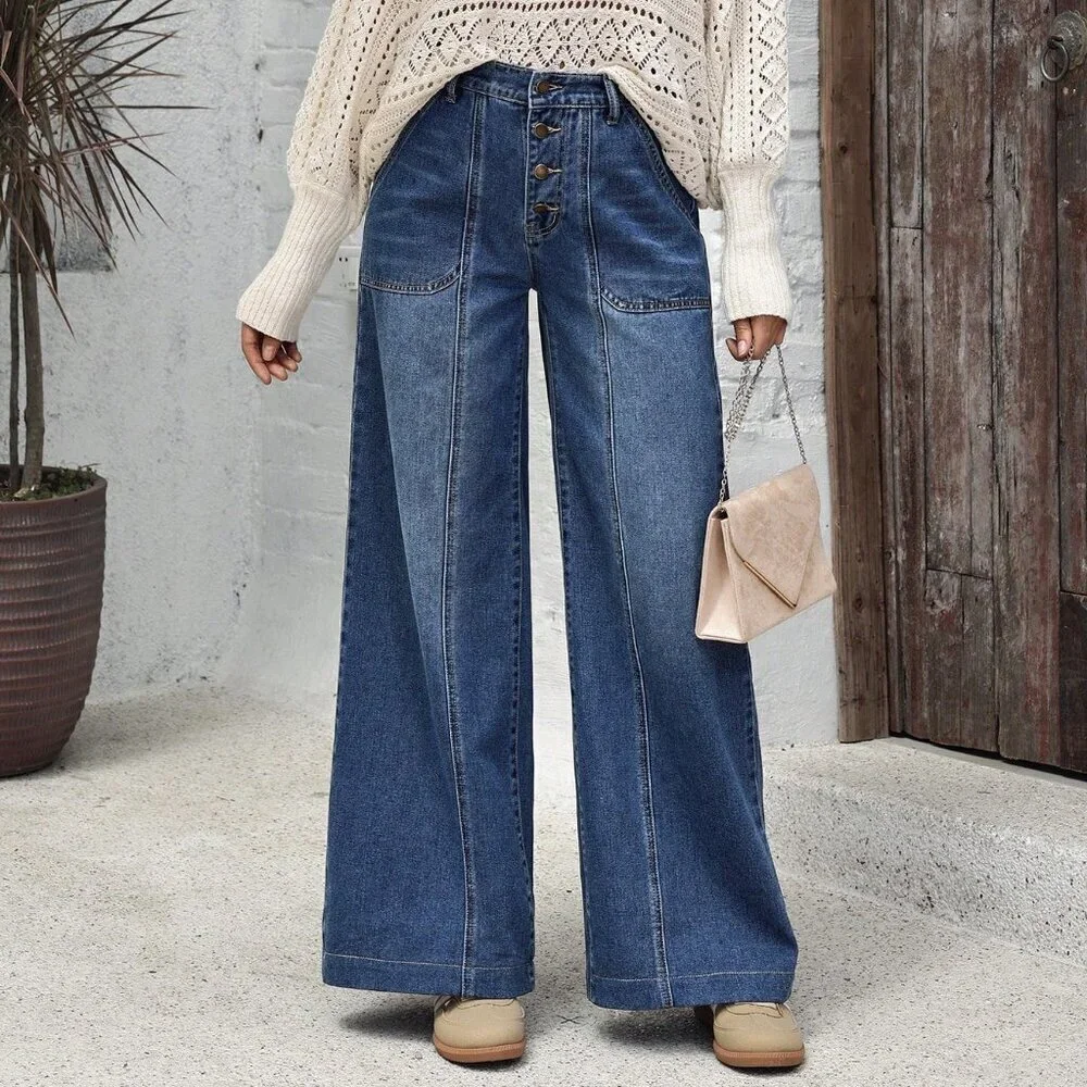 Blue Casual Women's Pockets Versatile Loose Wide Leg Jeans